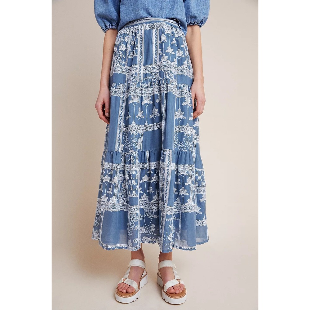 Maeve Anthropologie Ariadne Blue Embroidered Maxi Skirt  Chambray Tiered Medium - Picture 8 of 16
